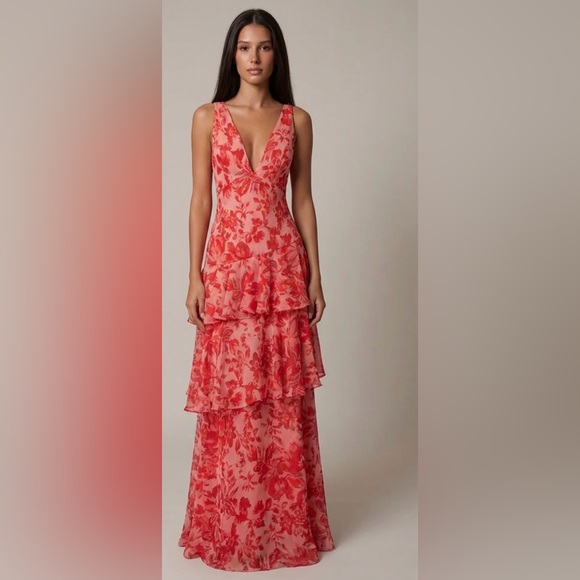 Dresses & Skirts - Coral-Pink Floral V-Neck Tiered Midi Dress